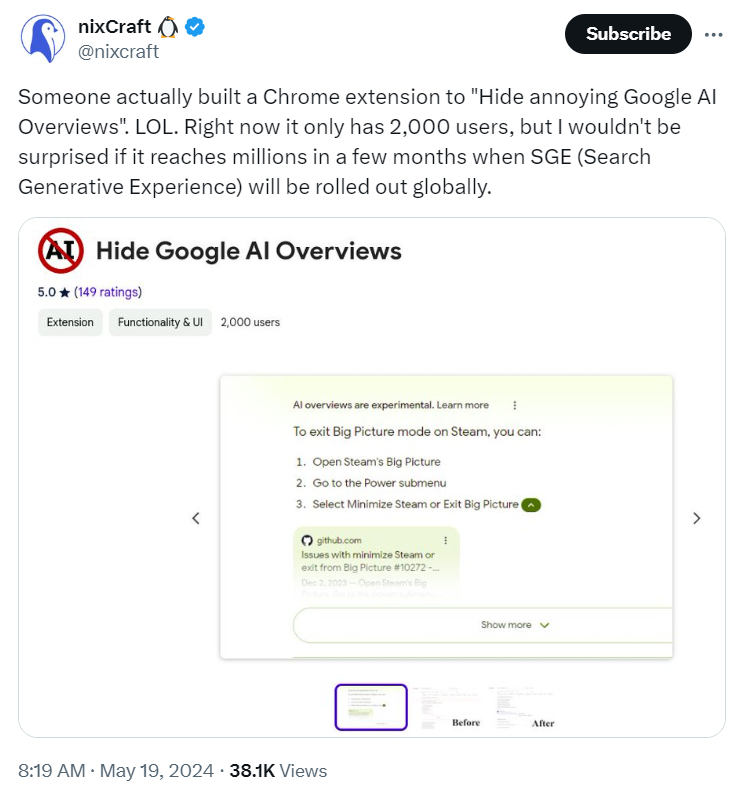  Screenshot showing a chrome extension to block AI Overviews