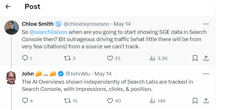Screenshot showing Google's response on AI Overview performance metrics in Search Console
