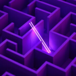 A glowing purple ladder propped up on a maze wall.
