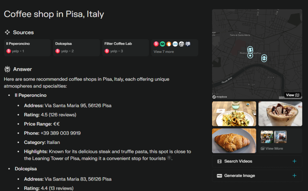 Perplexity.ai result when searching for coffee shops in Pisa, Italy. 