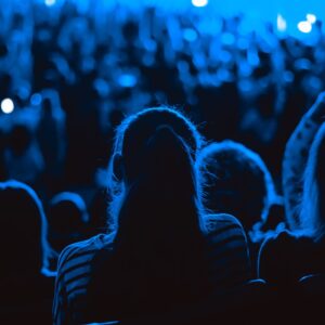 A crowd shaded in blue light