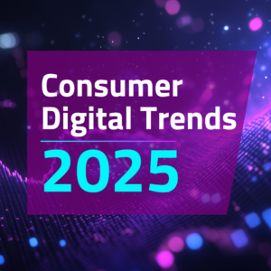 2025 Consumer DIgital Trends on a purple background with abstract black and purple data points.